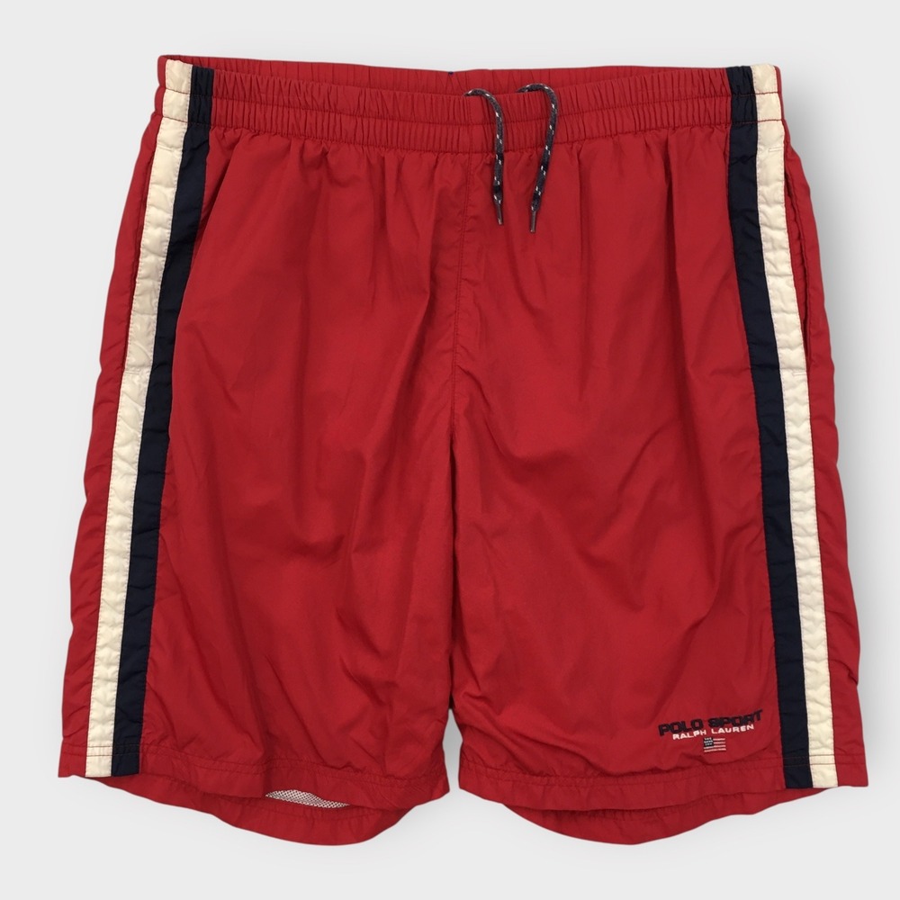 Vintage Polo Sport Ralph Lauren Swim Trunks Red Striped Lined Shorts Size L